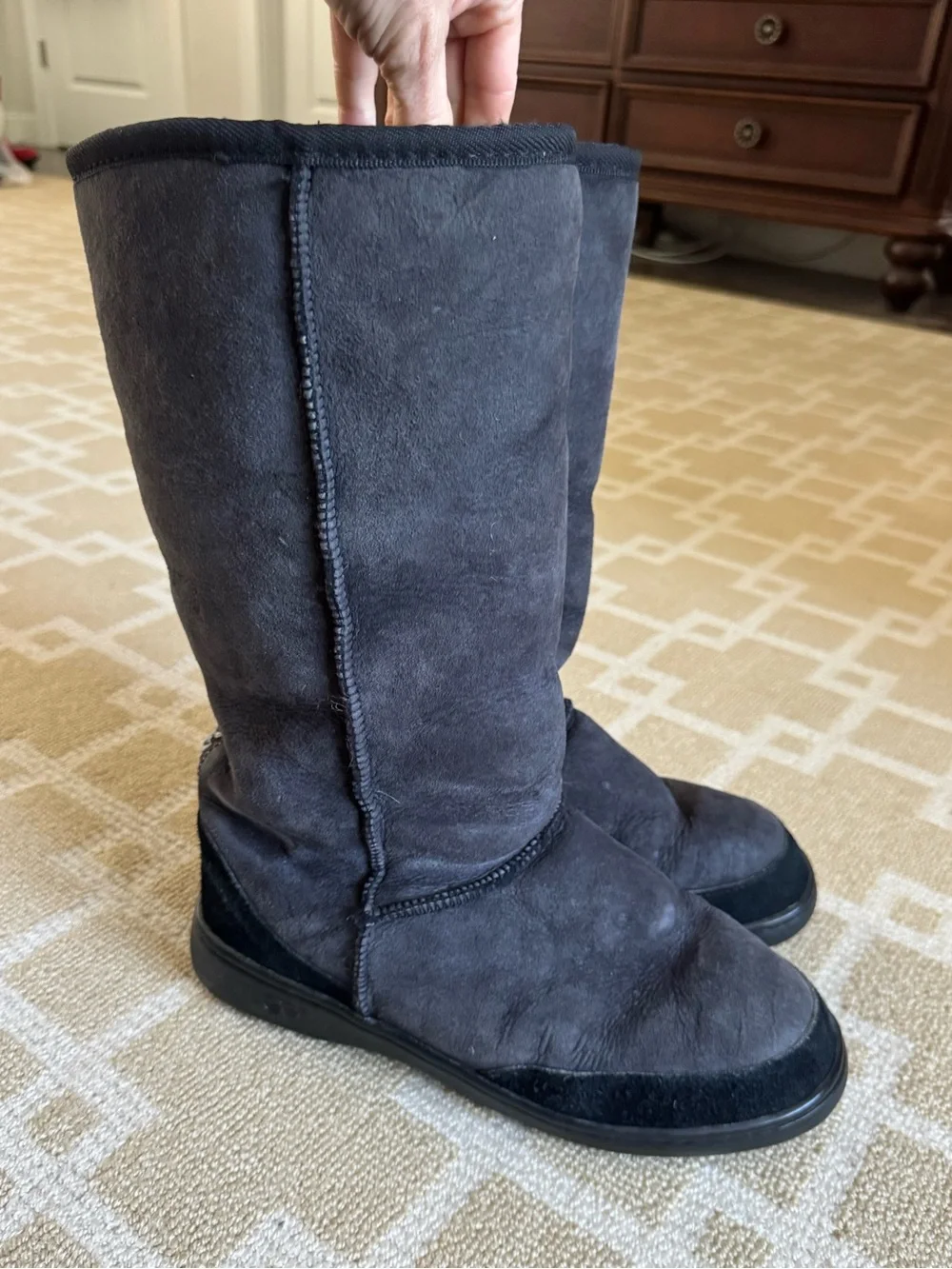 UGG Ultra Tall Revival Tasman Braid Suede Shearling Boots Black Size 10